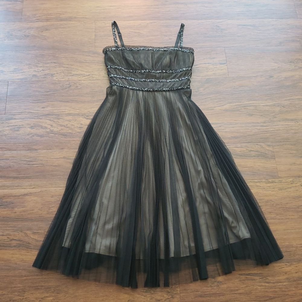 BCBGMaxAzria Black Midi XS Romantic Fairy Y2K Retro Whimsigoth Pleated Tulle